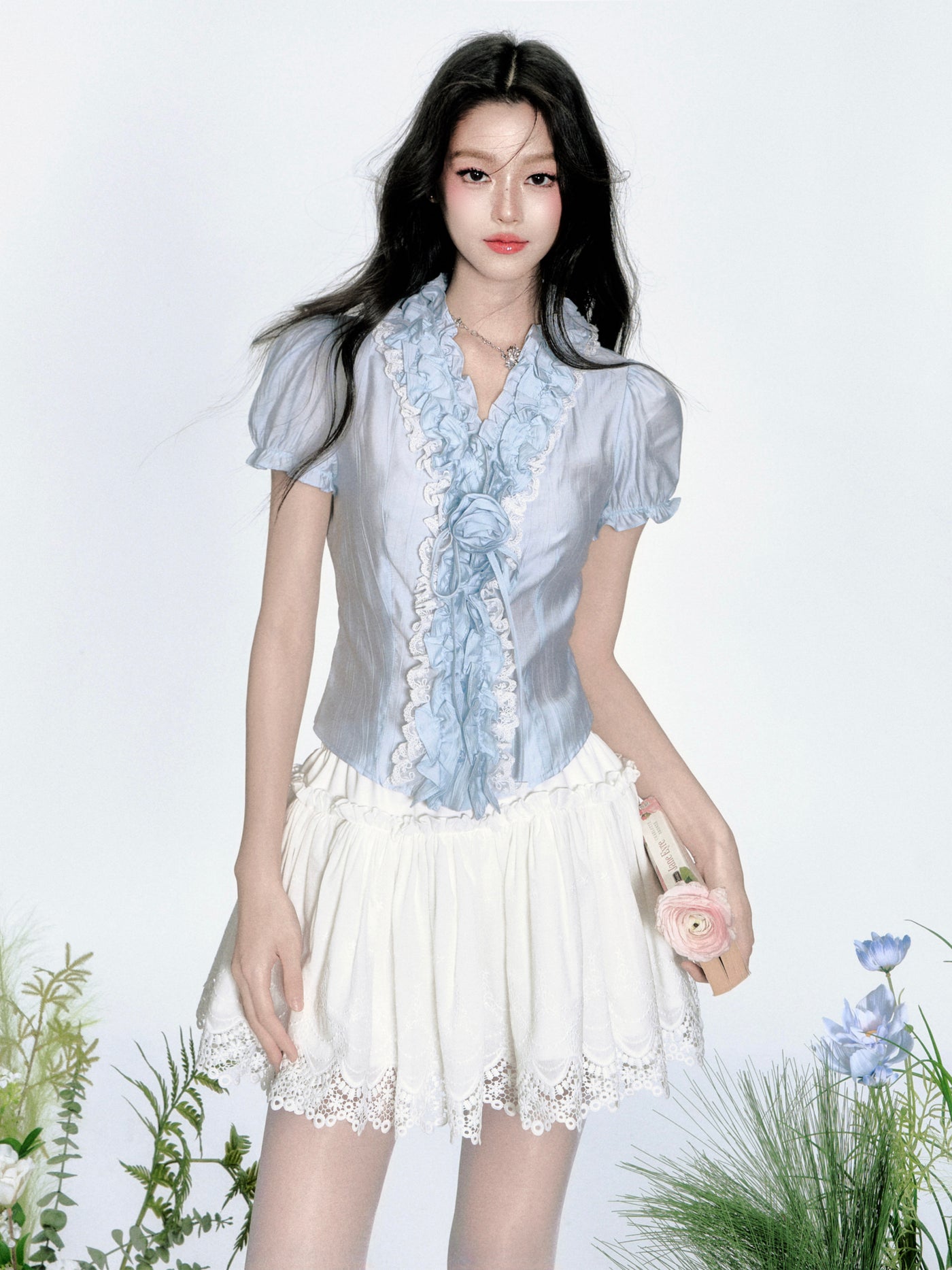 Gray Blue Flower Puff Sleeves Shirt FRA0347