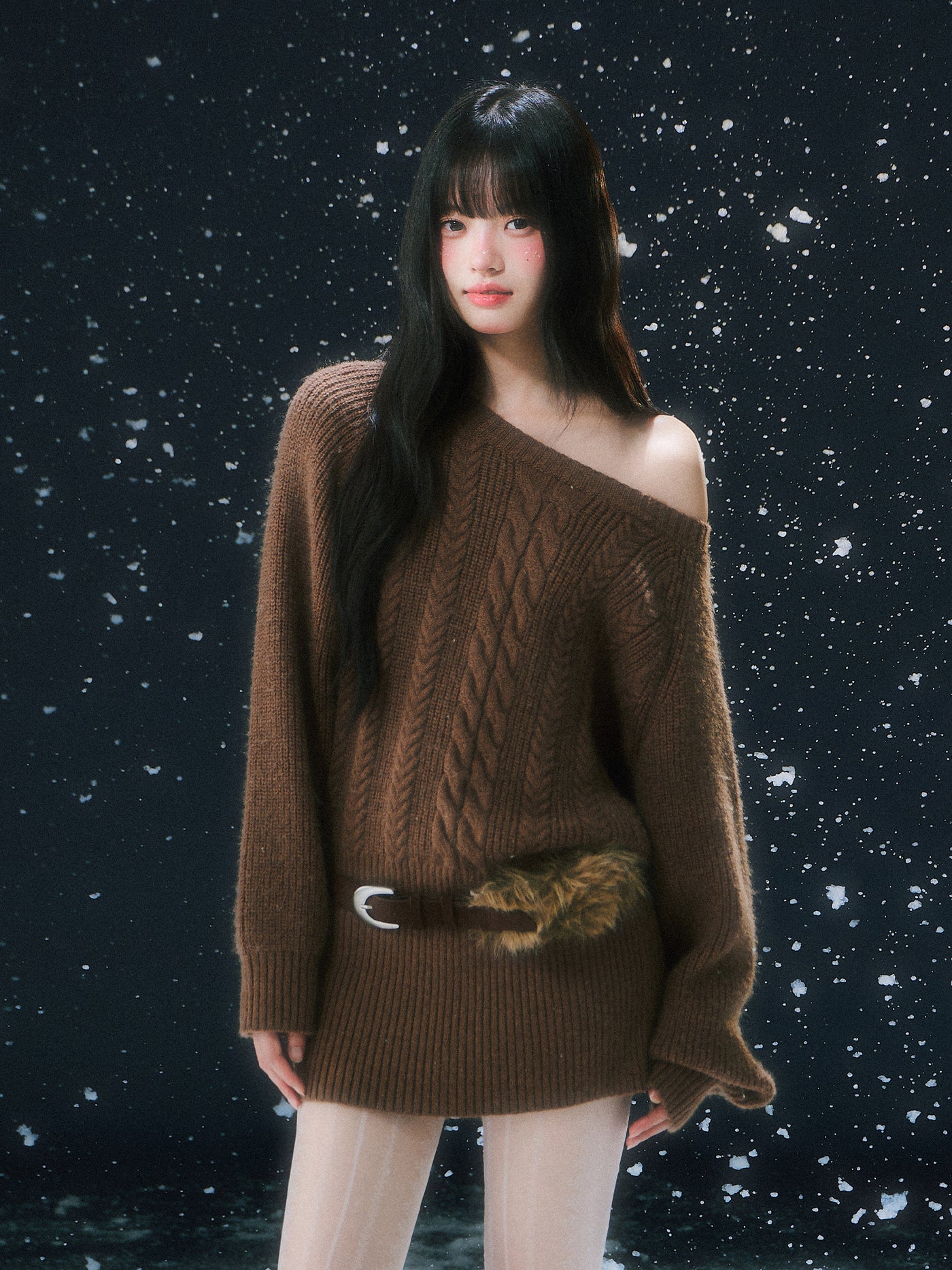 Off-shoulder Cable Knitted Dress WEE0102