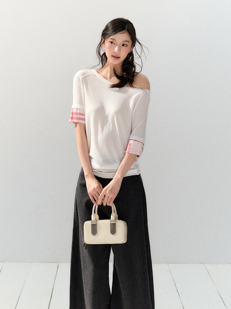 Oblique Shoulder Plaid T-shirt SHI0142