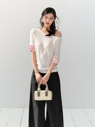 Oblique Shoulder Plaid T-shirt SHI0142
