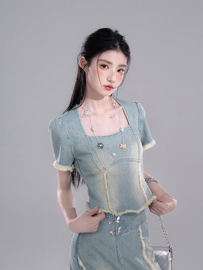 Raw-edge Denim Top/Slit Skirt COT0266