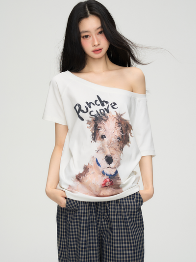 Puppy Print One Shoulder T-shirt PUN0069