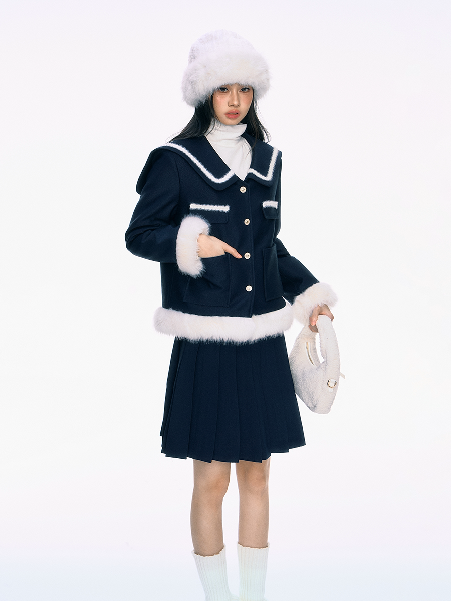 Navy Blue Large Collar Fur Cotton Jacket/Pleated Skirt PUN0038