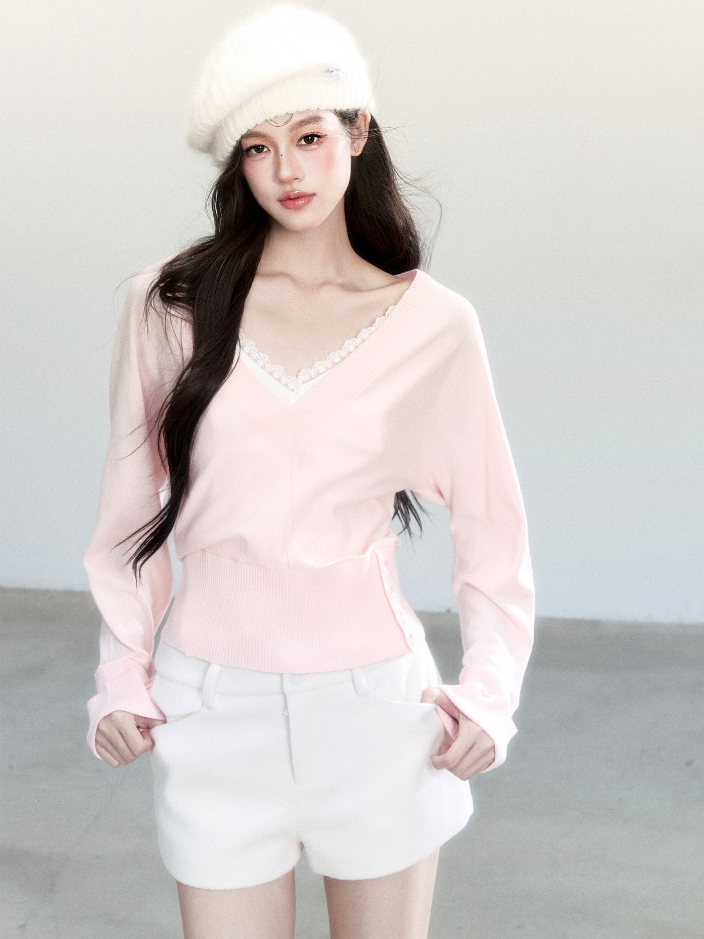 Batwing Sleeves V-Neck Sweater/Lace Camisole FRA0460