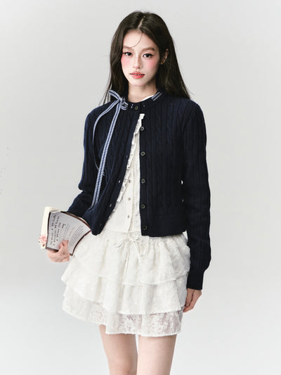 Plaid Bow Sweater Cardigan FRA0429