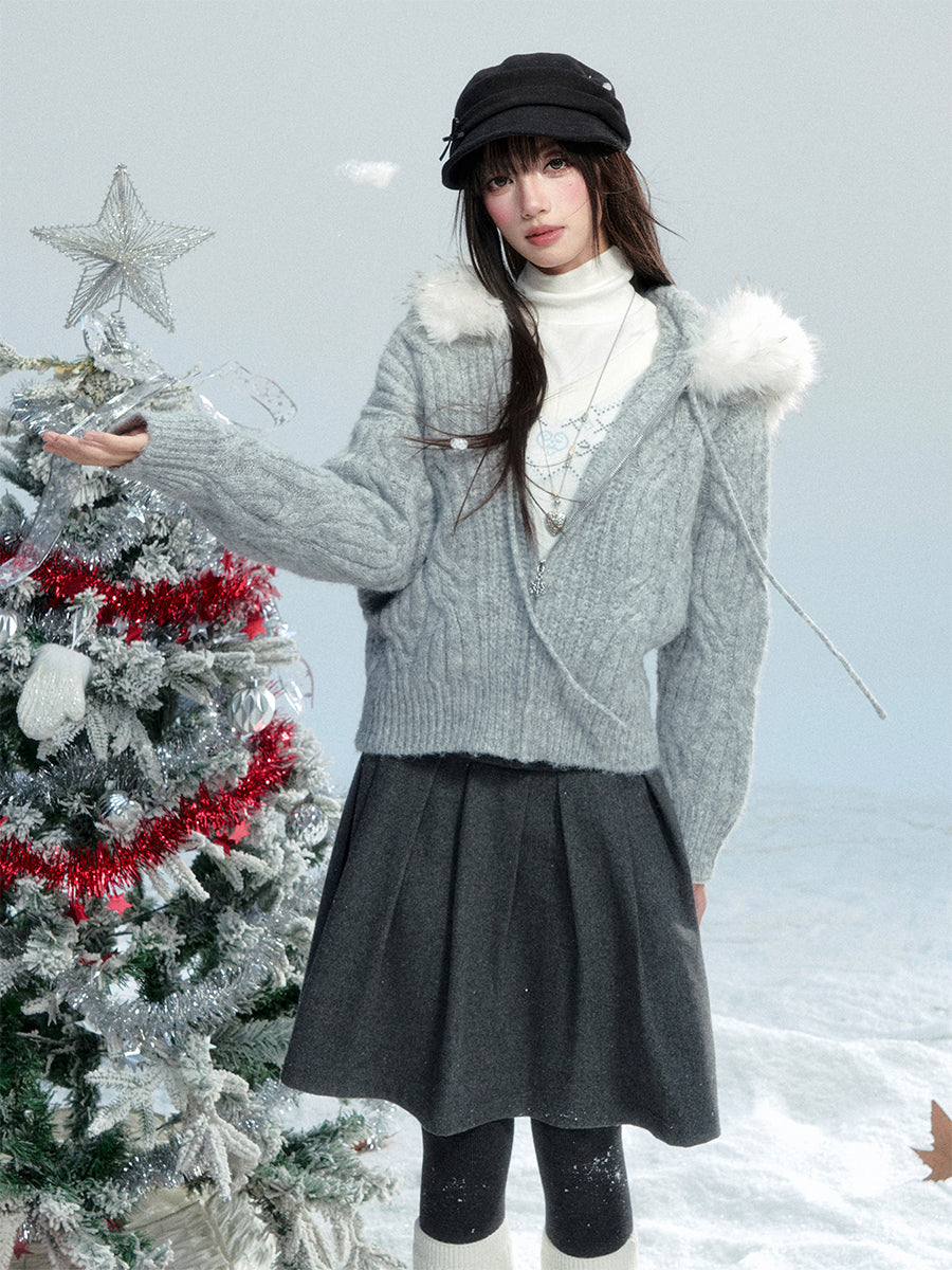 Large Fur Collar Knitted Jacket FRA0474