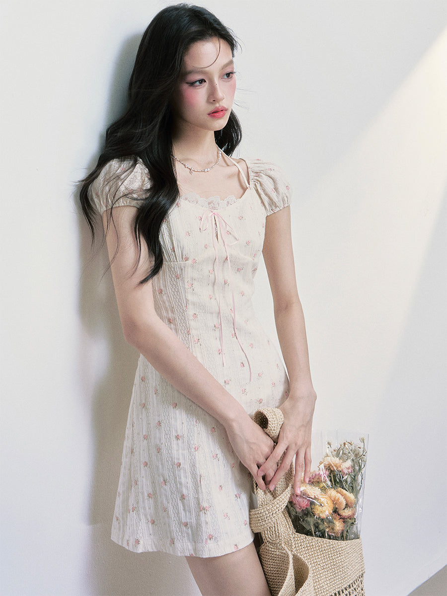Floral Puff Sleeve Waist Dress FRA0395