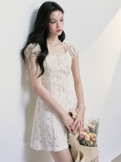 Floral Puff Sleeve Waist Dress FRA0395