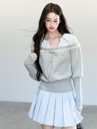 Fake Two-piece Sweatshirt/Stripe Pleated Skirt FRA0440