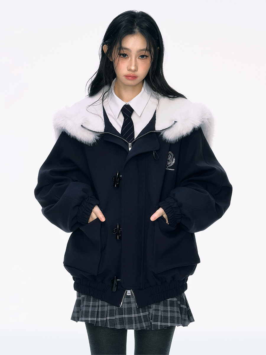 Navy Blue Fur Large Collar Cotton Jacket PUN0037