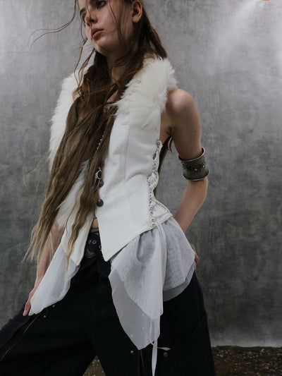 Lace Splicing Metal Button Fur Collar Vest DOU0129