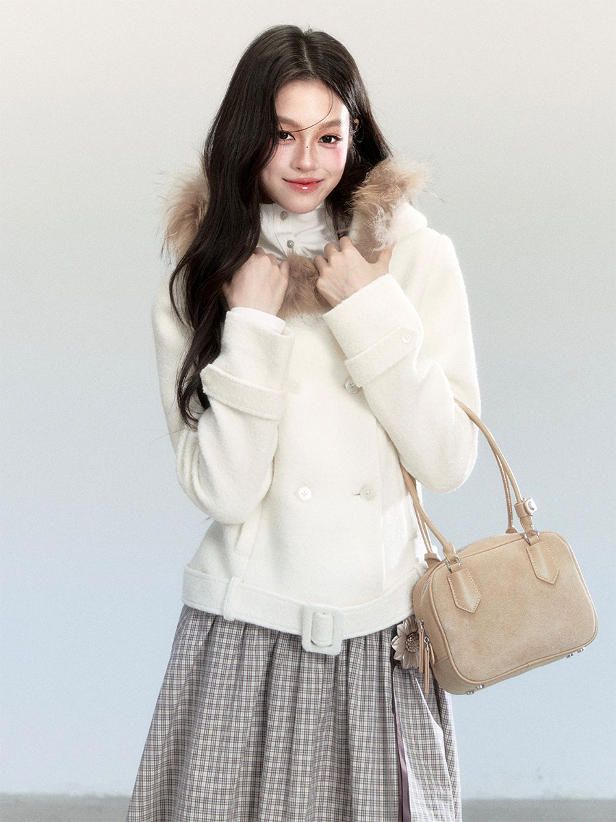 Fur Collar White Short Coat FRA0462