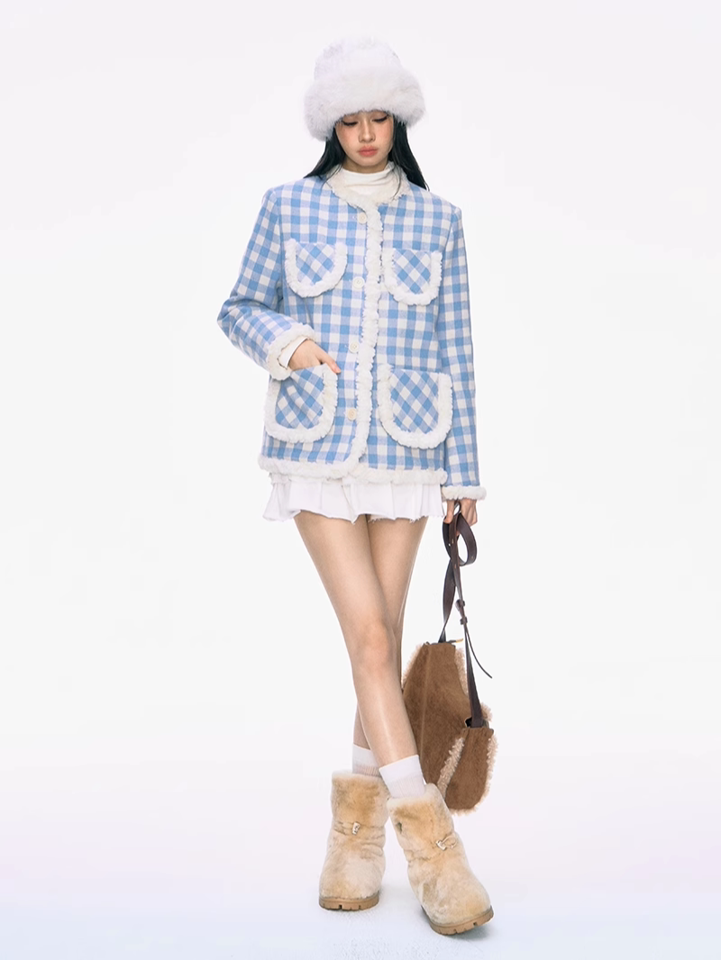 Fur Edge Blue Plaid Cotton Jacket PUN0030