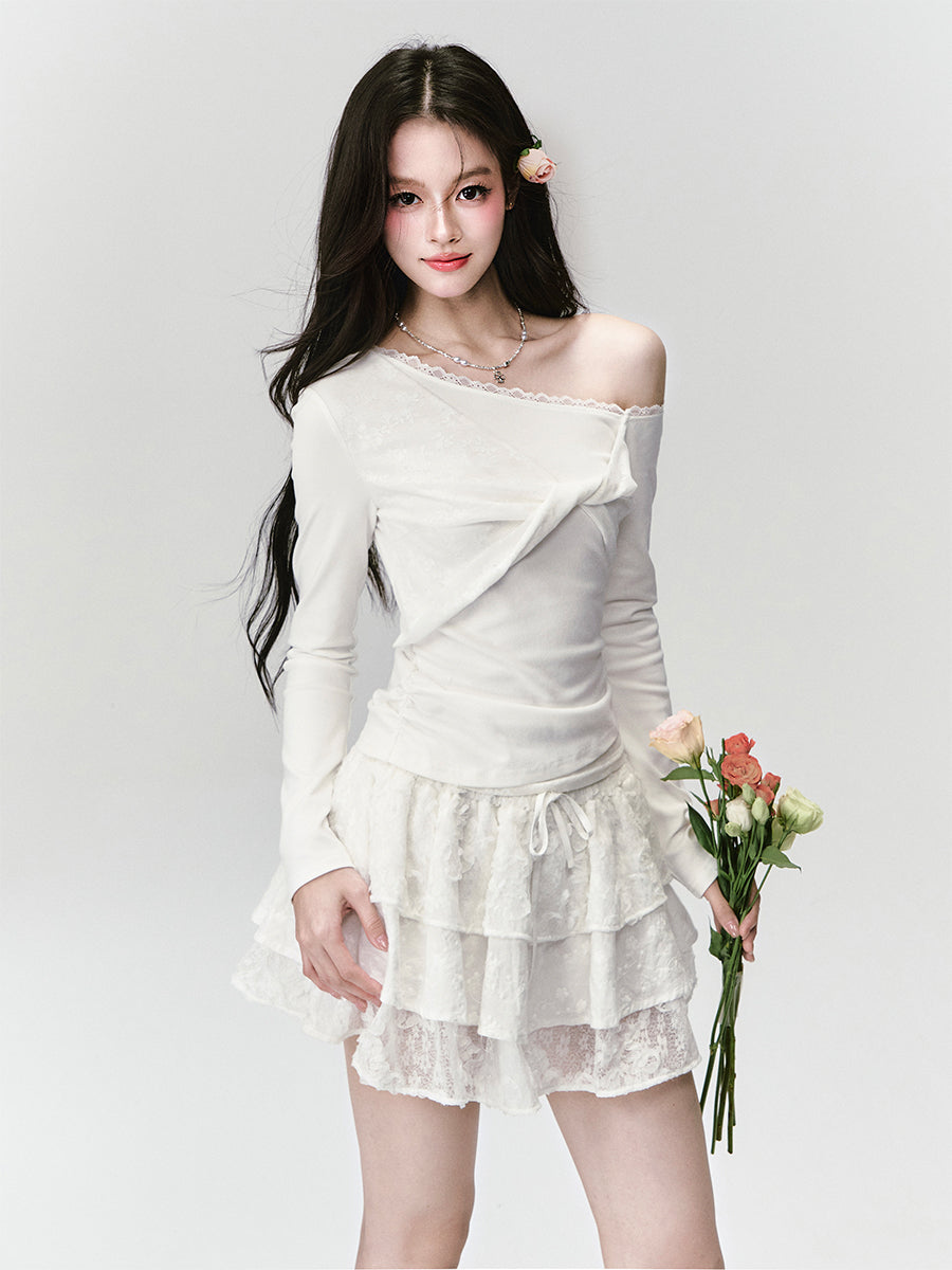 White One-shoulder Lace Twist T-shirt FRA0431
