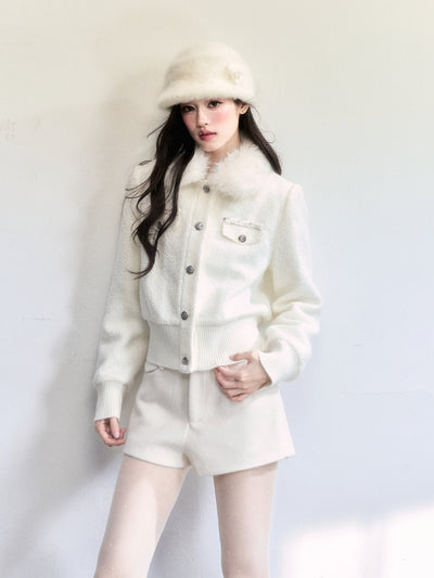 White Detachable Fur Collar Jacket FRA0504