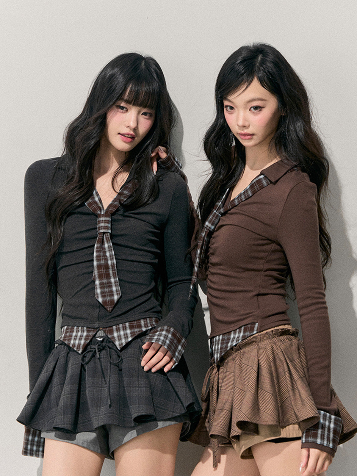 Faux Two-Piece Plaid Tie T-Shirt DIA0746