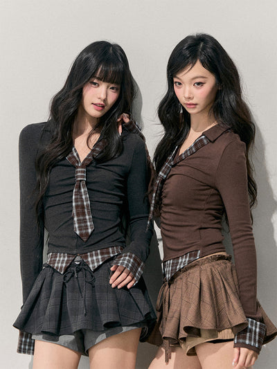 Faux Two-Piece Plaid Tie T-Shirt DIA0746