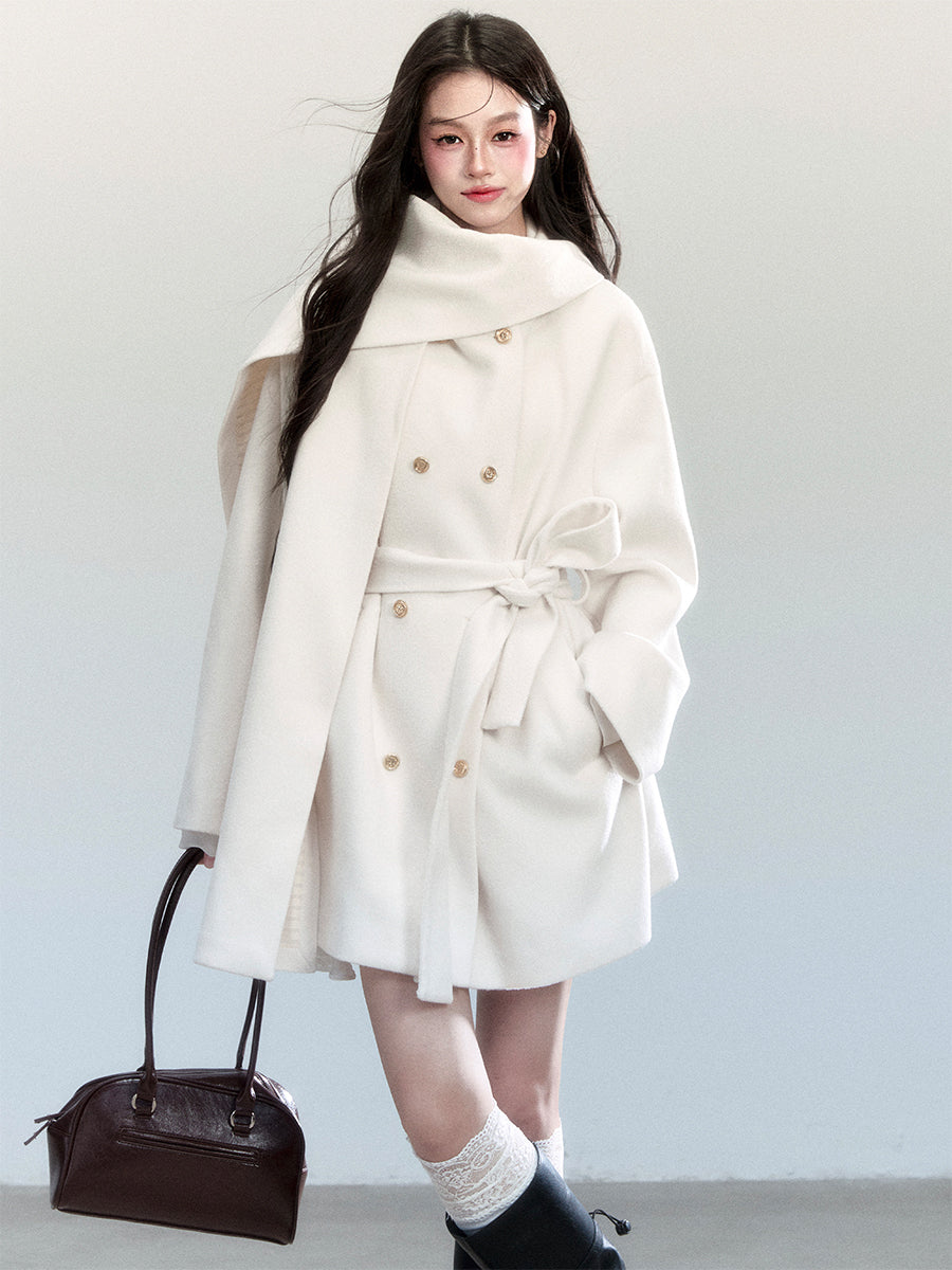 White Lace-up Elegant Scarf+Coat FRA0454