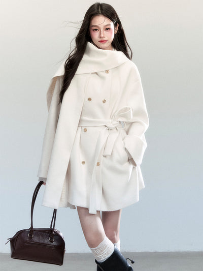 White Lace-up Elegant Scarf+Coat FRA0454