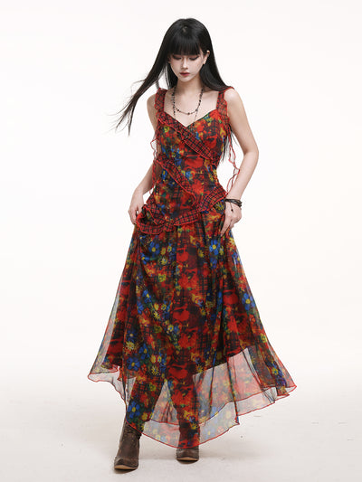 Red Floral Suspender Dress LAD0168