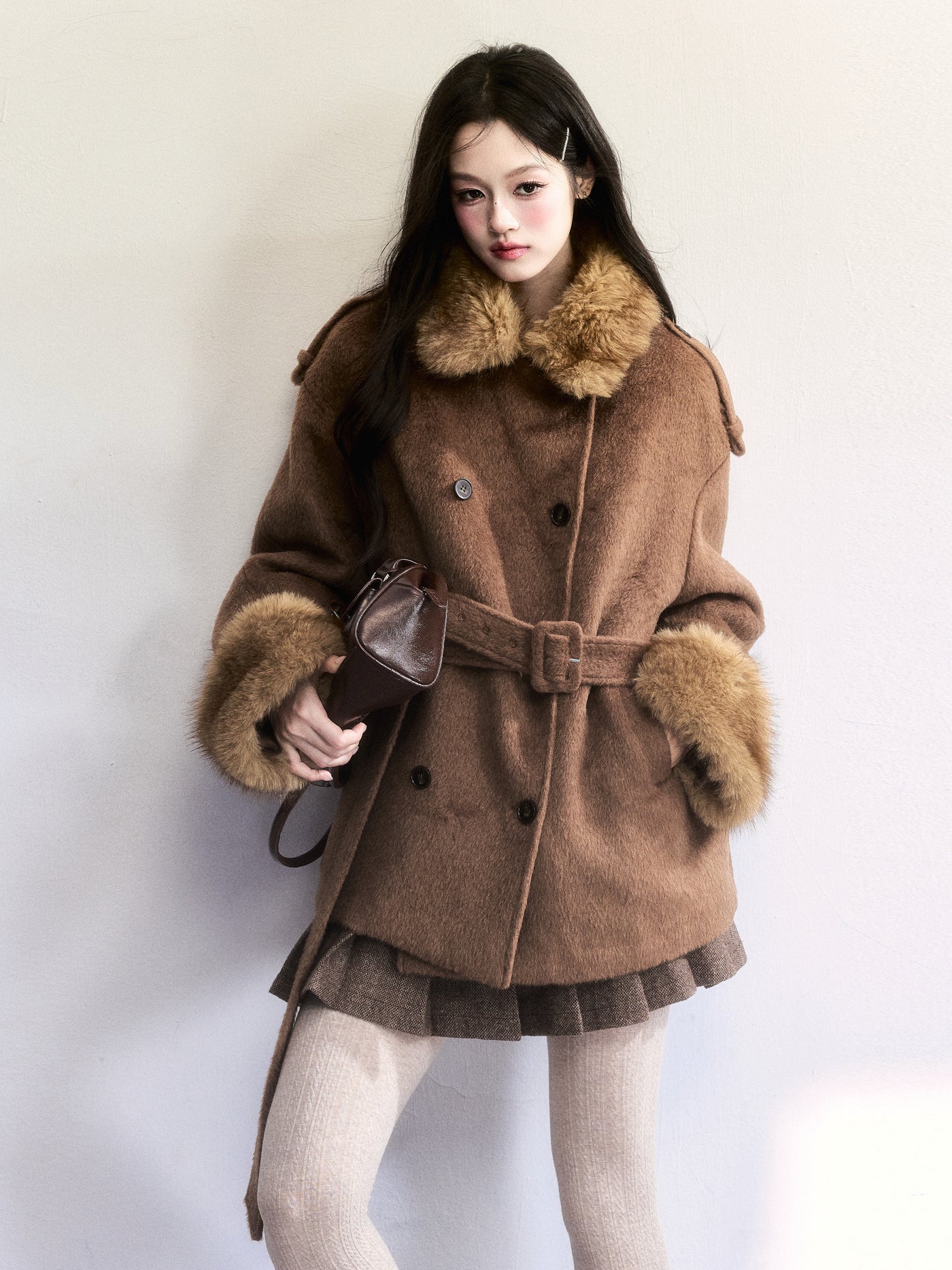 Brown Fur Collar Wool Coat FRA0501