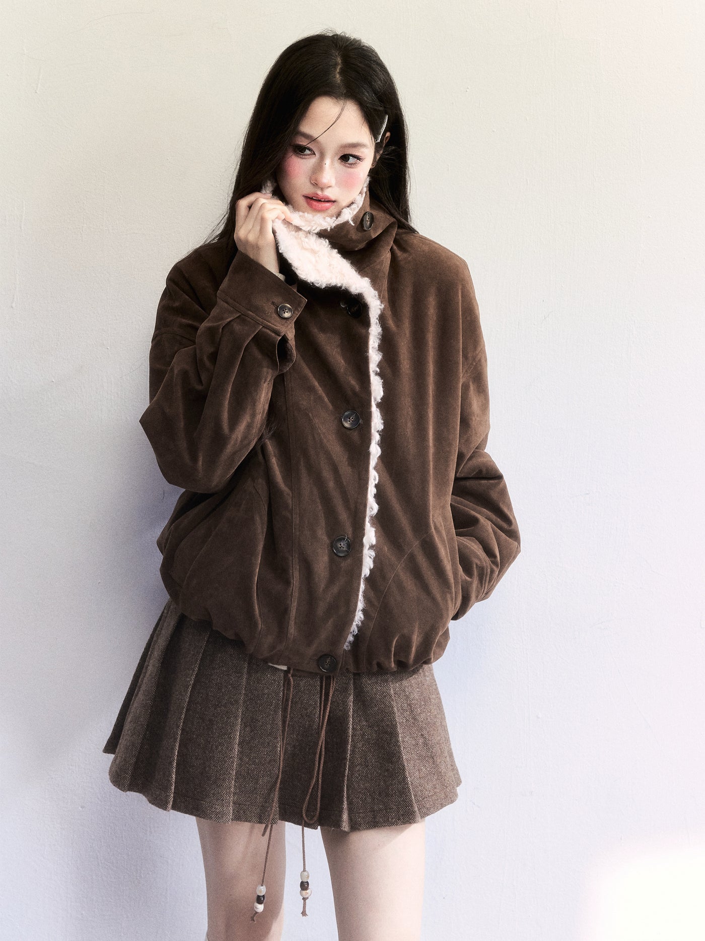 Brown Suede Plush Thick Lapel Coat FRA0500