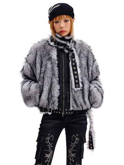 Gray Fur Leather Patchwork Jacket CFI0059