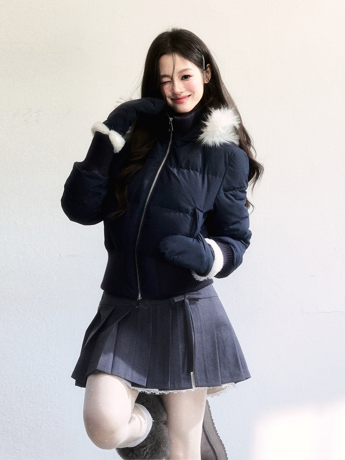 Fur Collar Two-Tone Short Down Jacket FRA0495