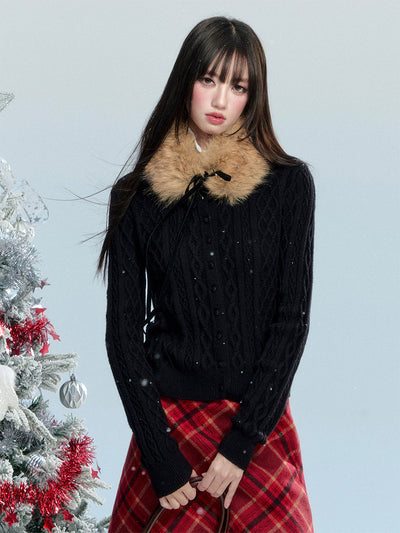 Detachable Fur Tie Cable Sweater FRA0473