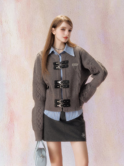 Leather Button Knitted Cardigan SPE0017