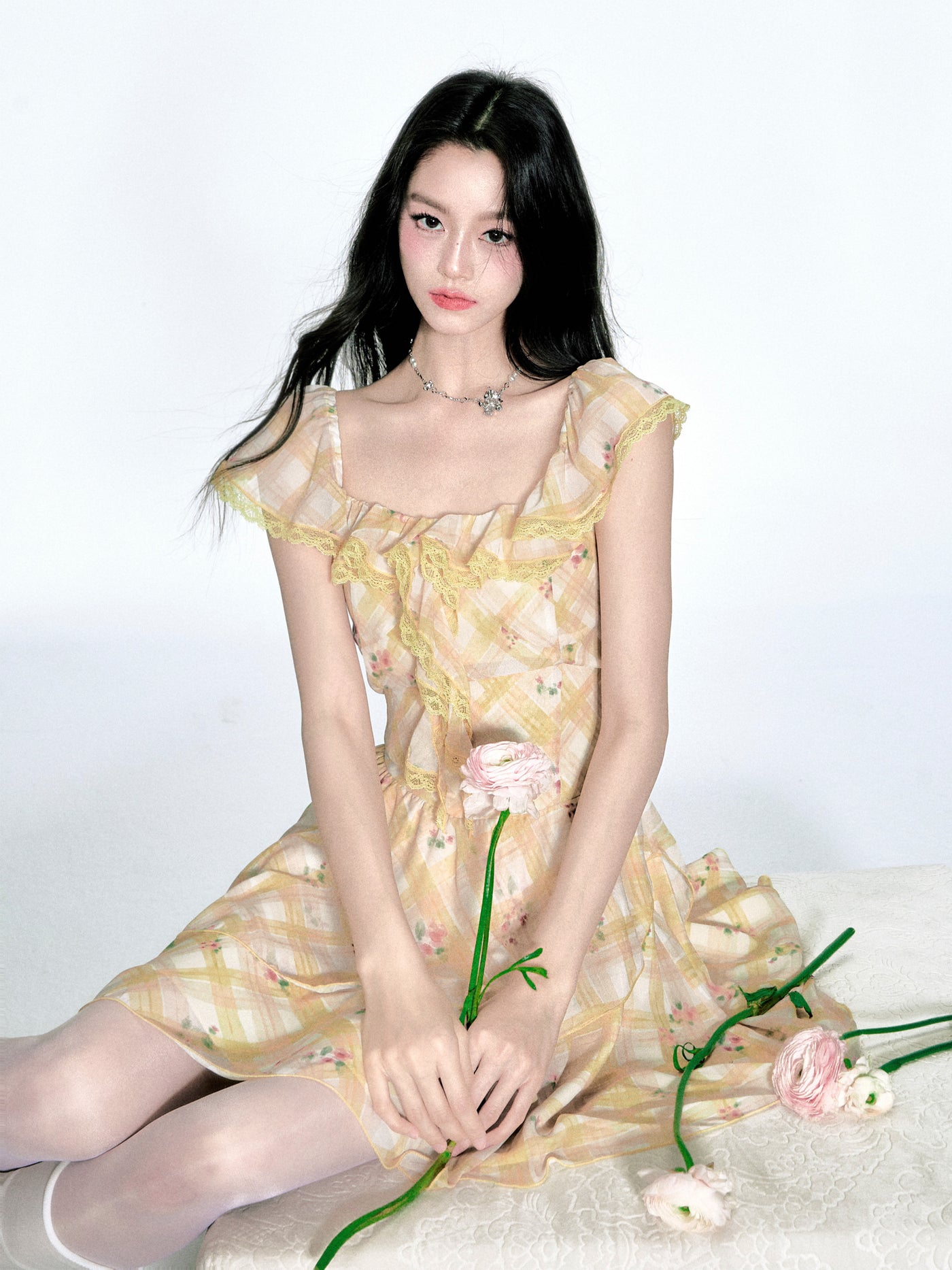 Ruffle Floral Plaid Dress FRA0364