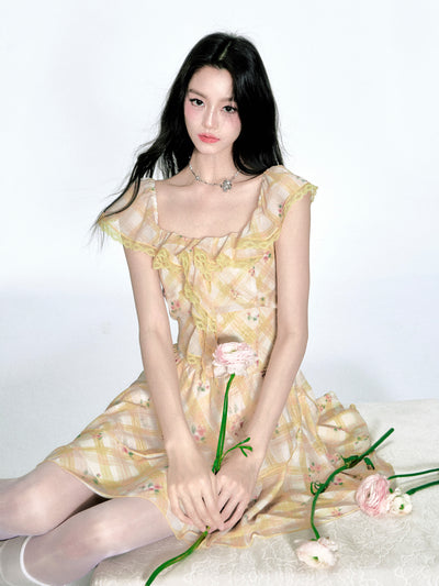 Ruffle Floral Plaid Dress FRA0364