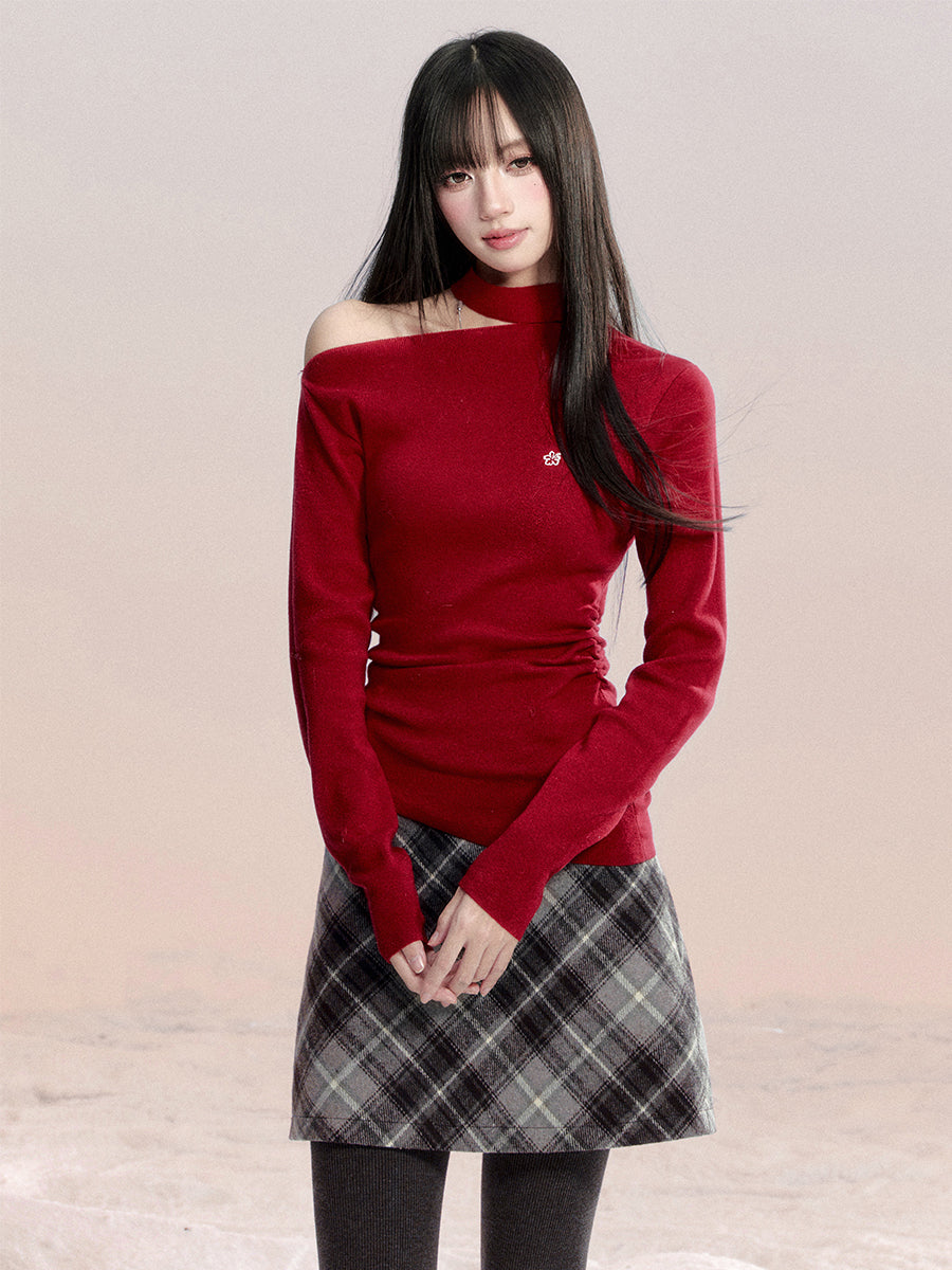 Red Off-shoulder Cotton Sweater FRA0489