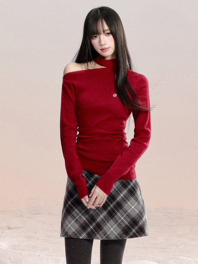 Red Off-shoulder Cotton Sweater FRA0489