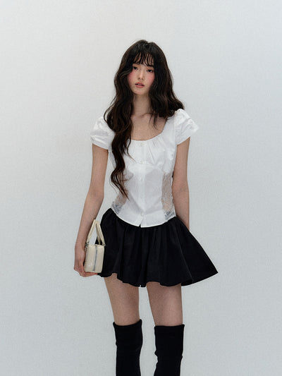White Lace Puff Sleeve Shirt/Skirt SHI0139