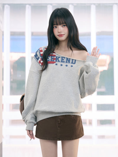American Print Casual Off-Shoulder Sweatshirt WEE0077