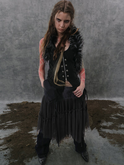 Lace Splicing Metal Button Fur Collar Vest DOU0129