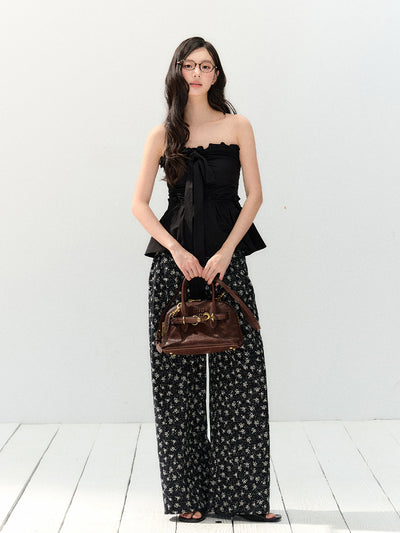 Black Lazy Drape Flower Pants SHI0145