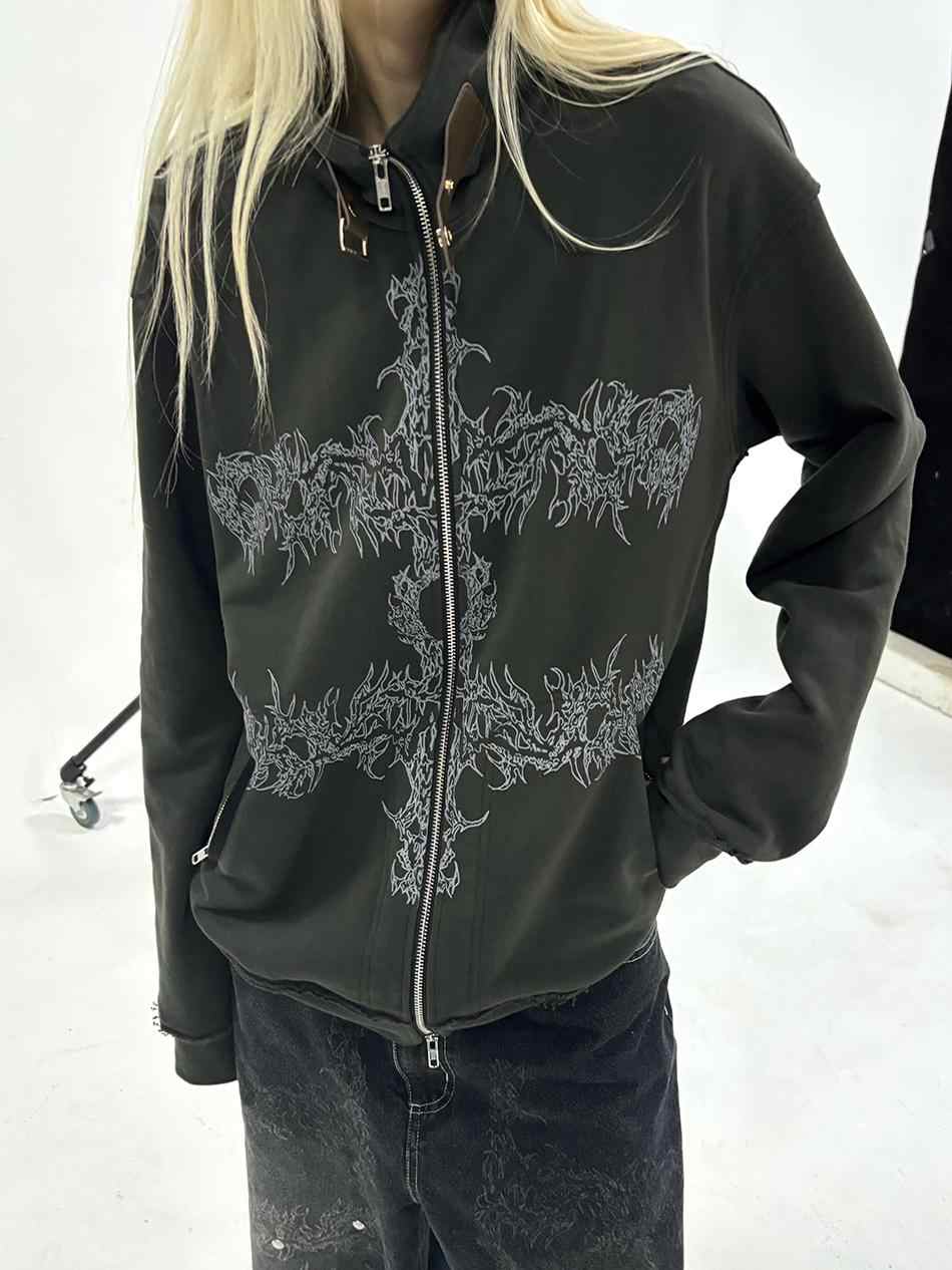 Pillar Decorated Distressed Cotton Washed Sweatshirt Jacket ELY0025