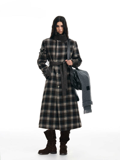 Plaid Leather Slim Mid-Length Long Coat WES0209