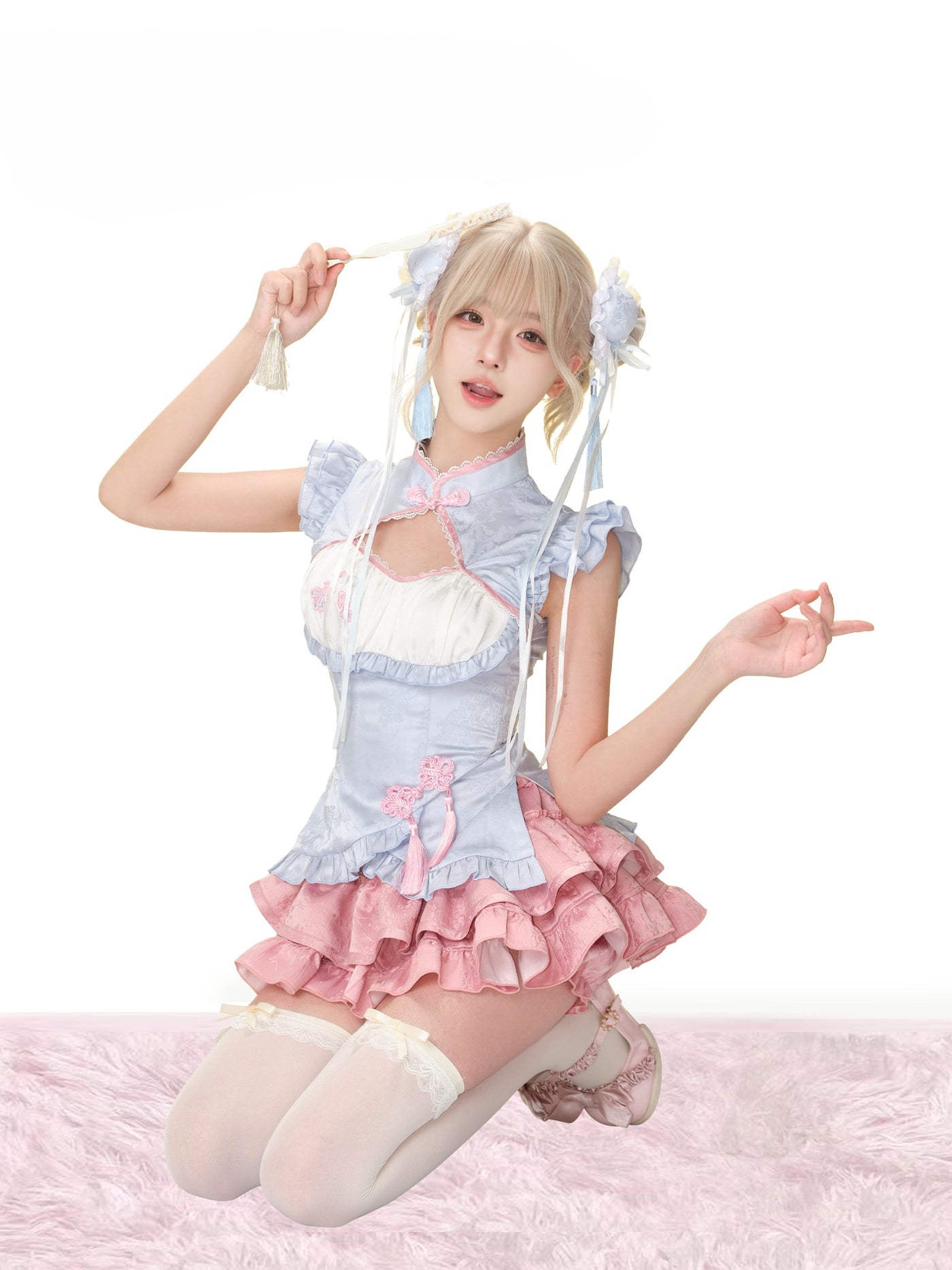 Blue Chinese Style Top/Pink Cake Skirt SER0178