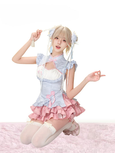 Blue Chinese Style Top/Pink Cake Skirt SER0178