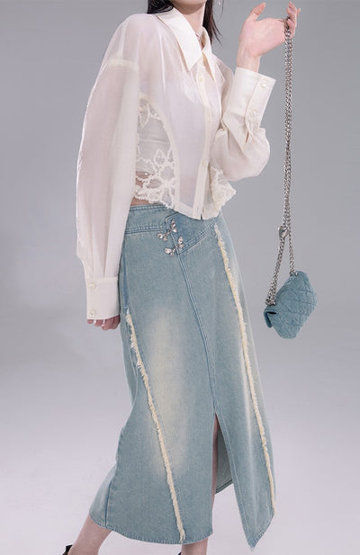 Raw-edge Denim Top/Slit Skirt COT0266