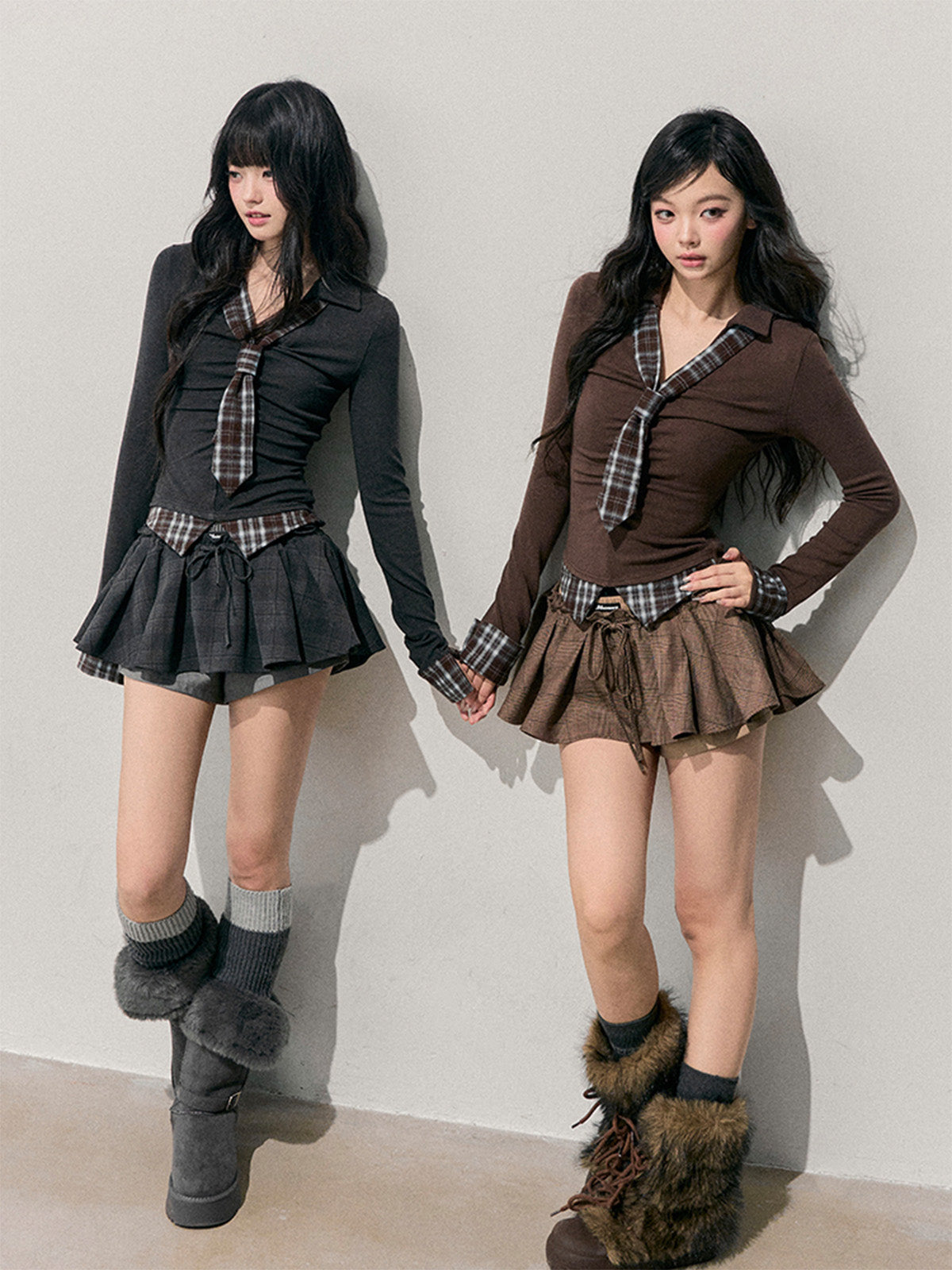 Faux Two-Piece Plaid Tie T-Shirt DIA0746