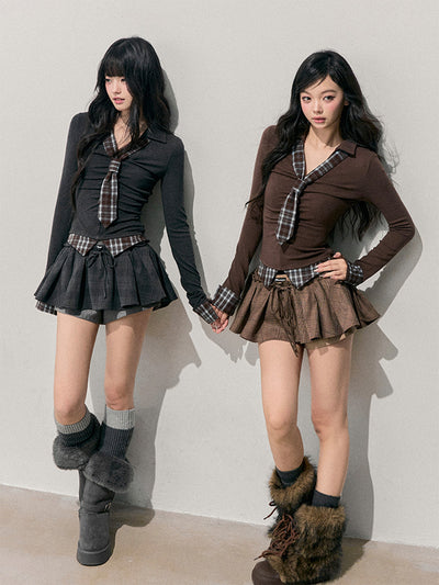 Faux Two-Piece Plaid Tie T-Shirt DIA0746