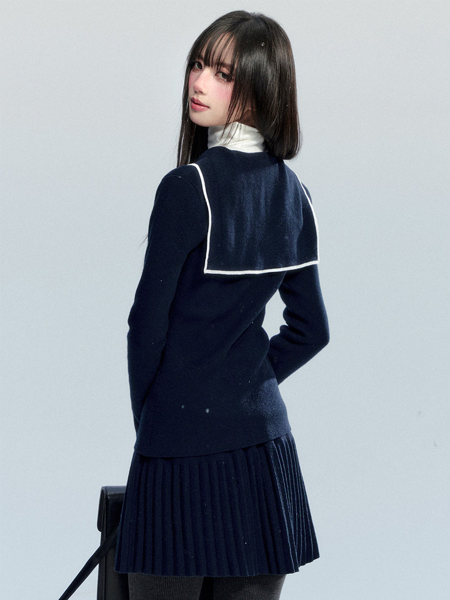 Navy Collar Bow Tie Cardigan/Pleated Skirt FRA0483