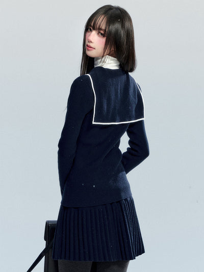 Navy Collar Bow Tie Cardigan/Pleated Skirt FRA0483