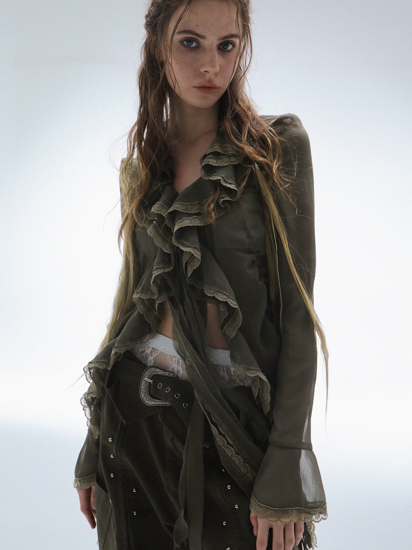 Pleated Ribbon Ruffled Chiffon Shirt DOU0124
