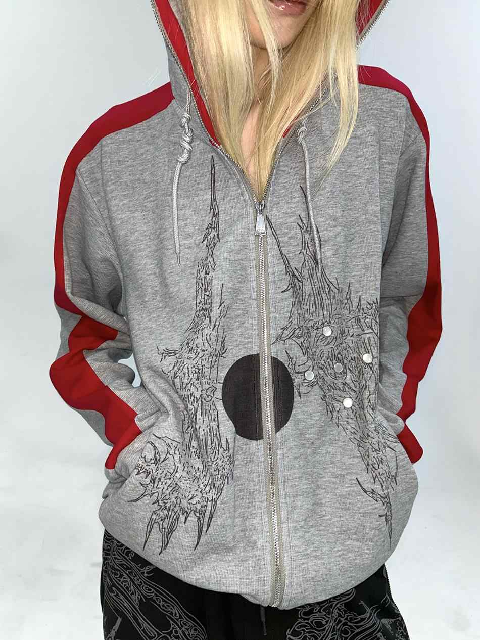 Red Line Hooded Patchwork Sweatshirt Jacket ELY0024