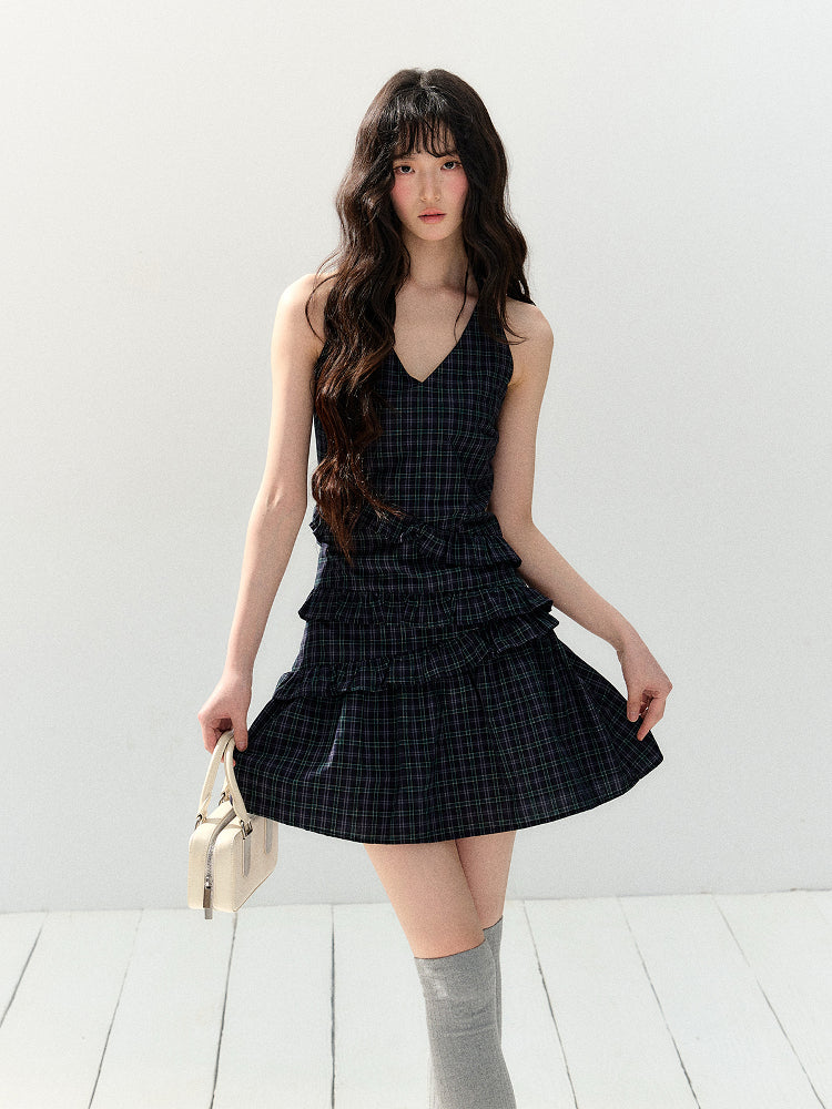 Sleeveless Plaid Navy Dress SHI0147